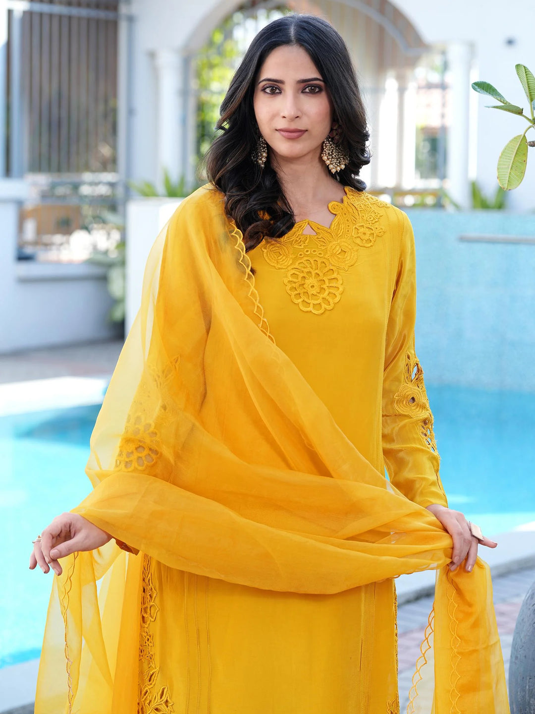 Yellow Embroidered Art Silk Straight Suit