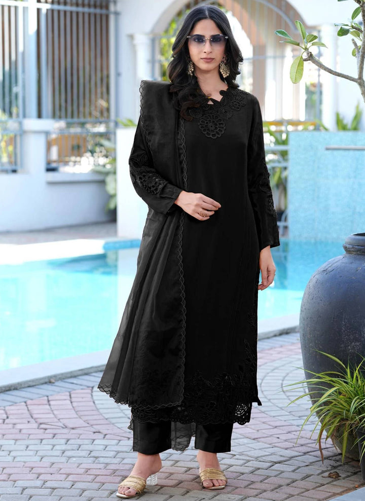 Black Embroidered Art Silk Straight Suit