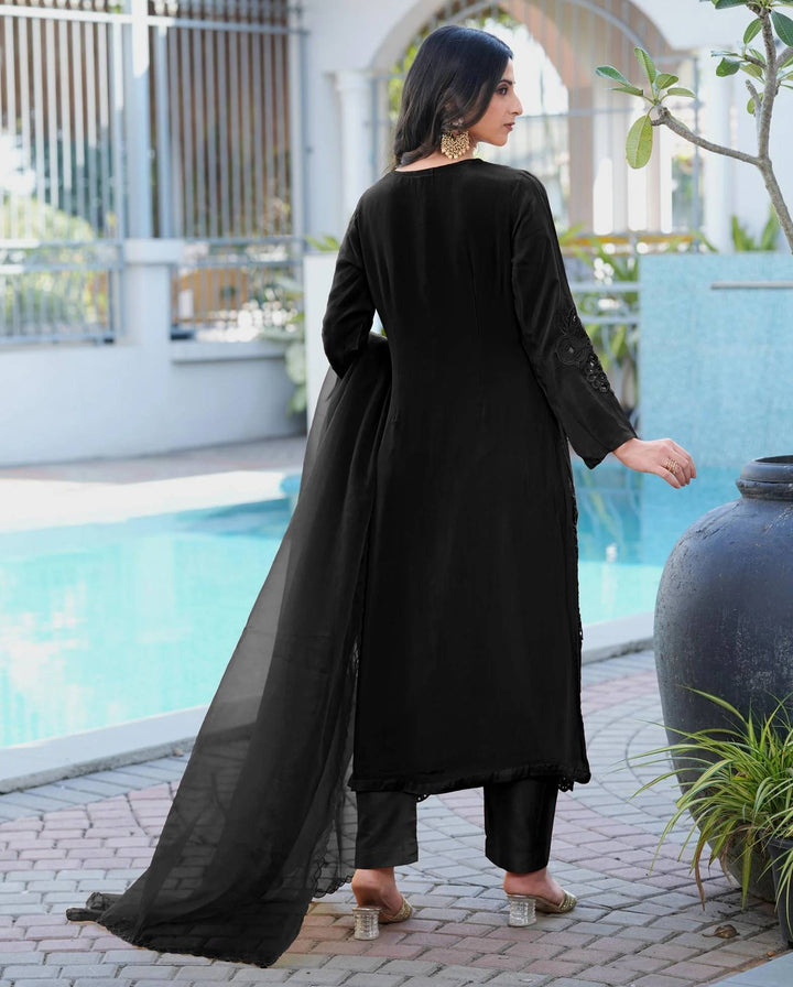 Black Embroidered Art Silk Straight Suit