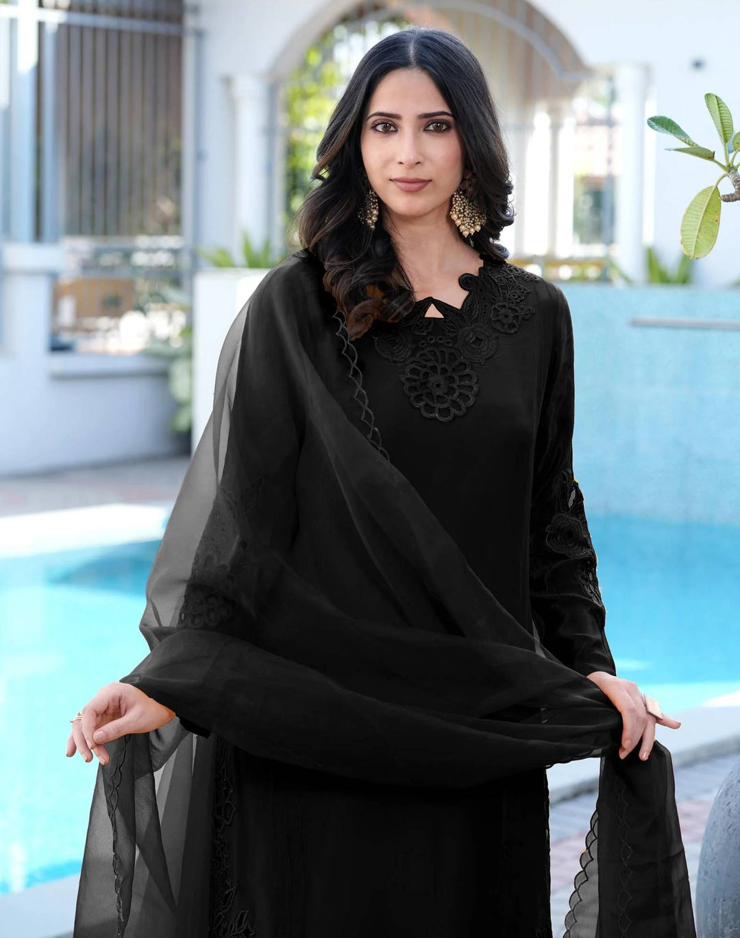 Black Embroidered Art Silk Straight Suit