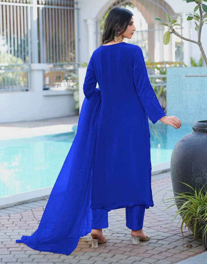 Royal Blue Embroidered Art Silk Straight Suit