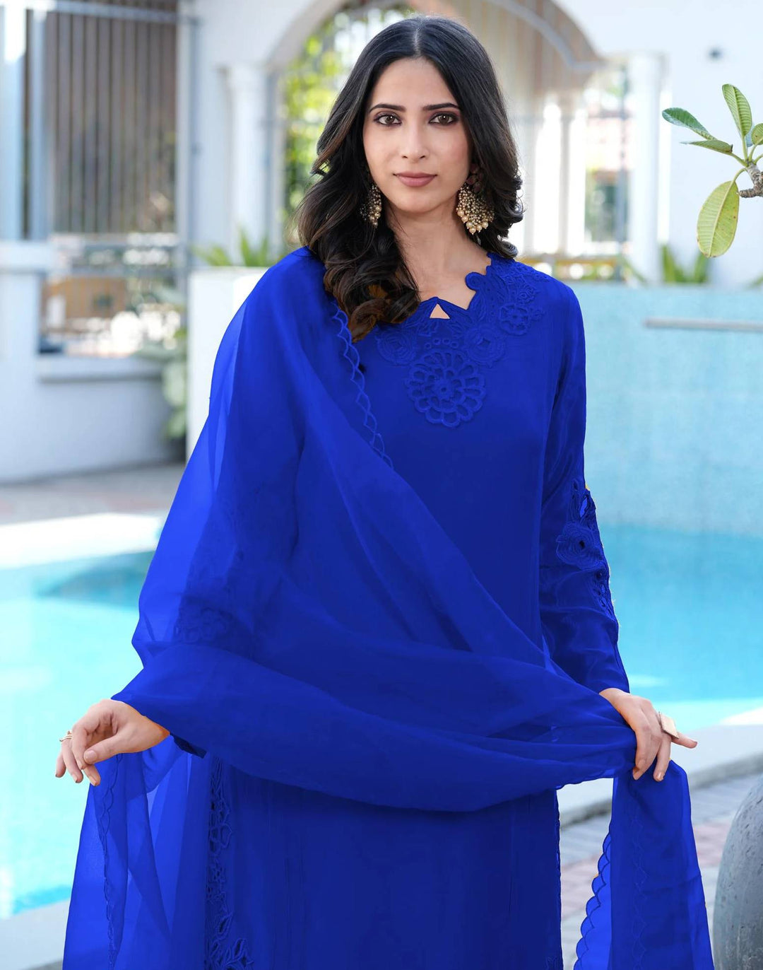 Royal Blue Embroidered Art Silk Straight Suit