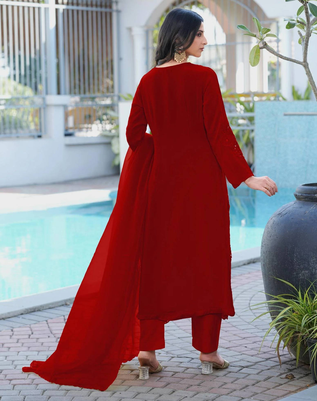 Maroon Embroidered Art Silk Straight Suit