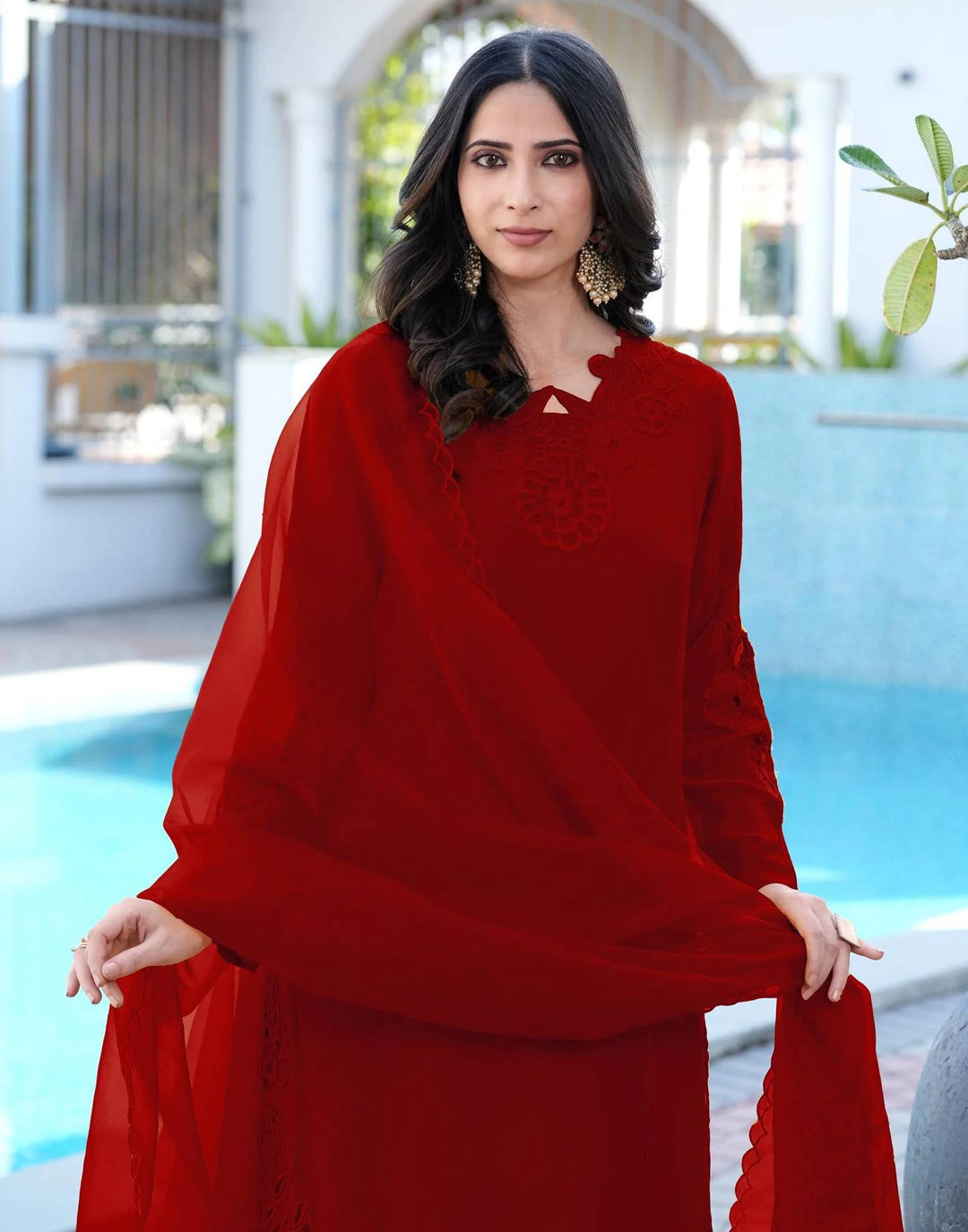 Maroon Embroidered Art Silk Straight Suit