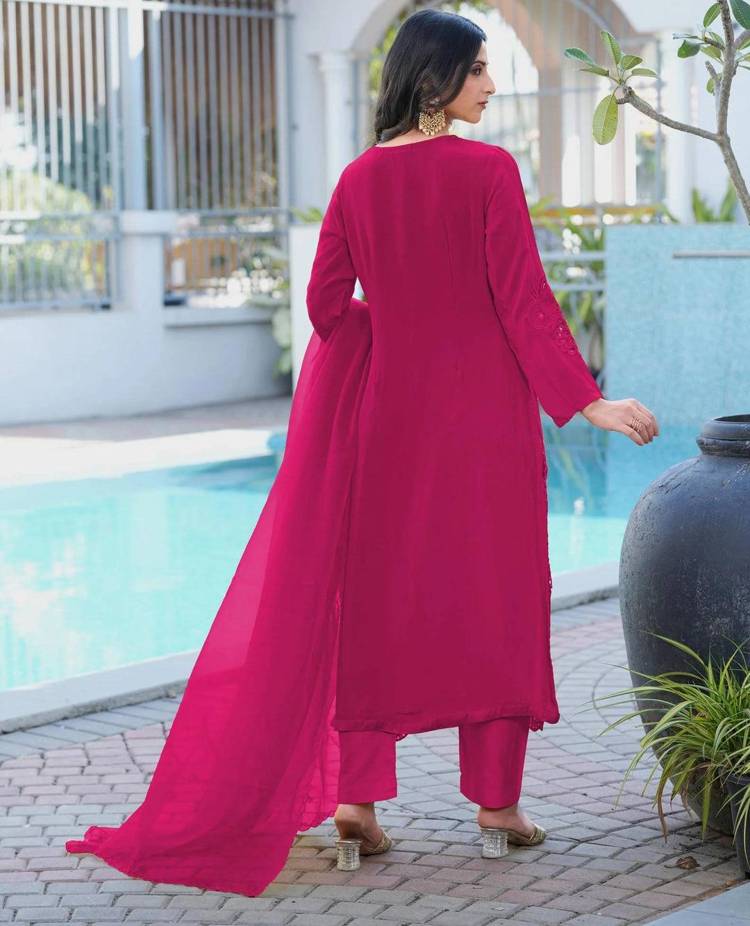 Magenta Embroidered Art Silk Straight Suit