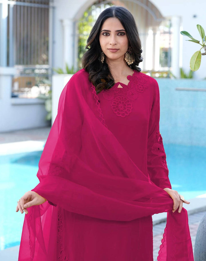 Magenta Embroidered Art Silk Straight Suit