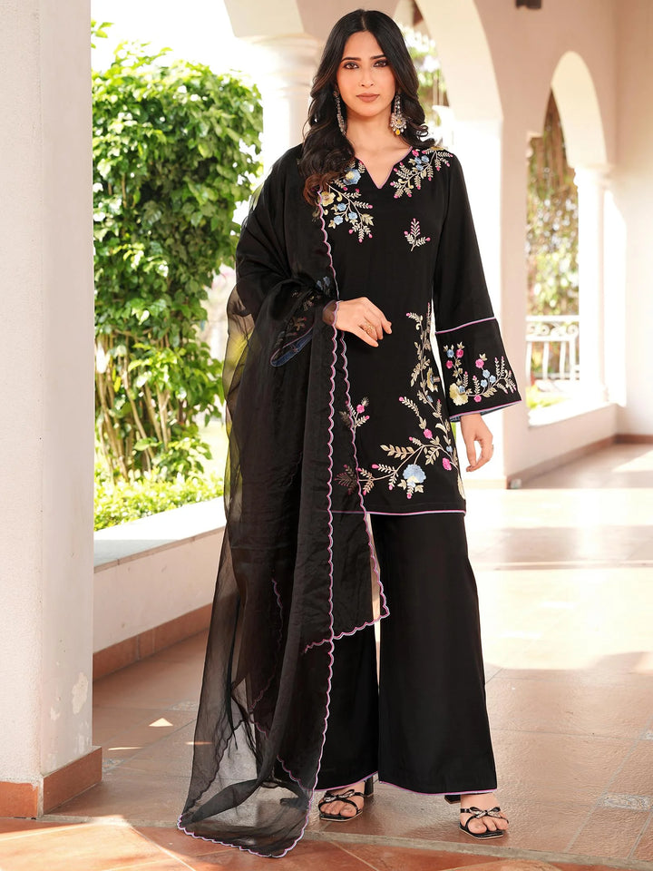 Black Blue Embroidered Art Silk Straight Suit