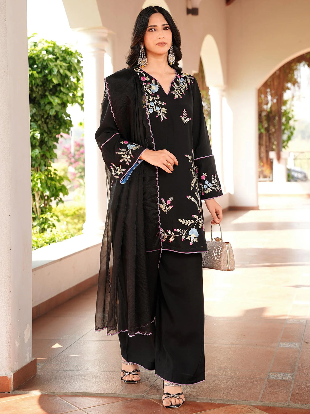 Black Blue Embroidered Art Silk Straight Suit