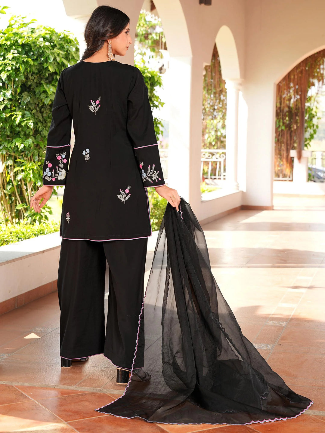 Black Blue Embroidered Art Silk Straight Suit
