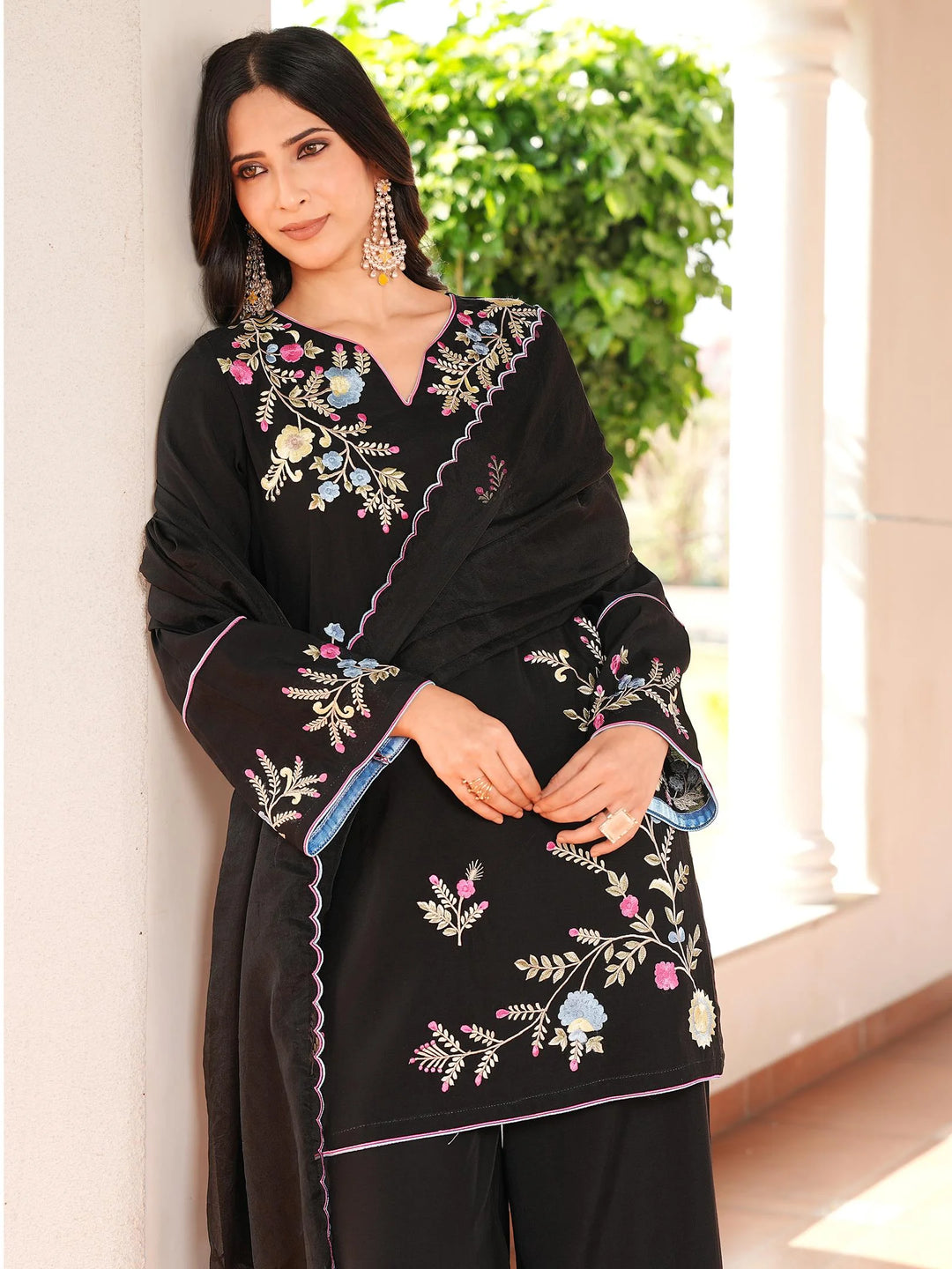 Black Blue Embroidered Art Silk Straight Suit