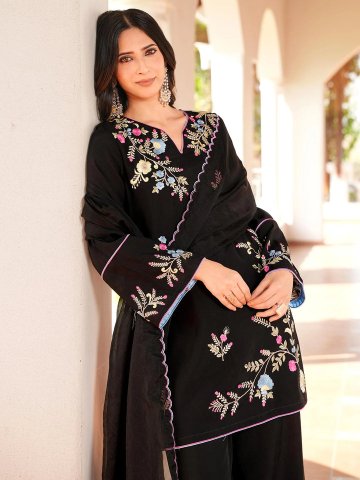 Black Blue Embroidered Art Silk Straight Suit