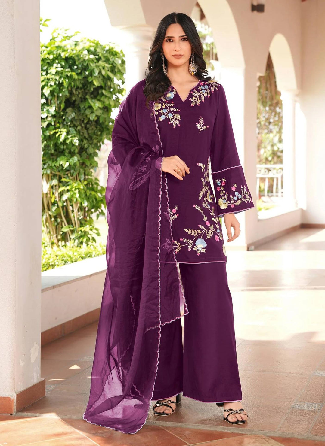 Dark Purple Embroidered Art Silk Straight Suit