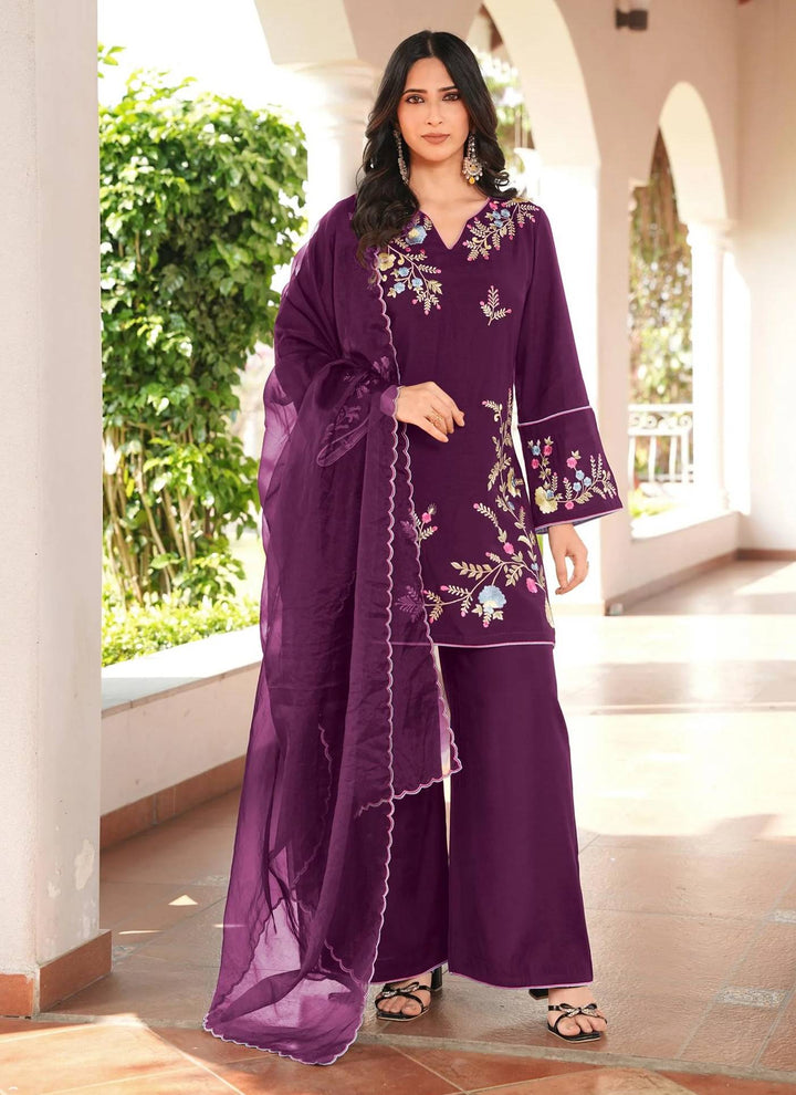Dark Purple Embroidered Art Silk Straight Suit
