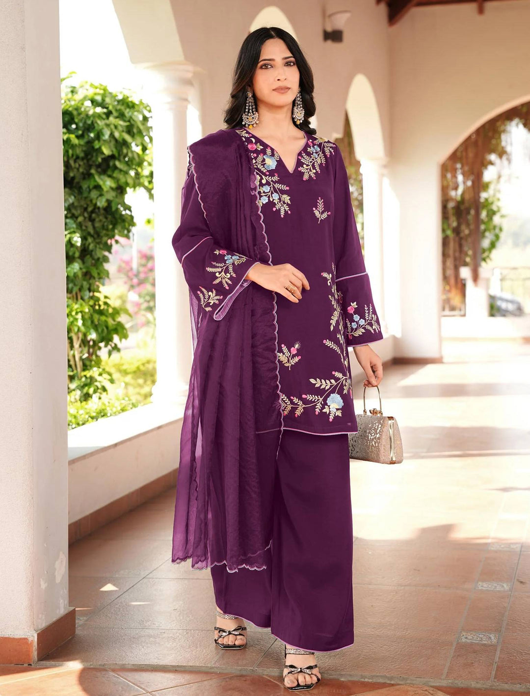 Dark Purple Embroidered Art Silk Straight Suit