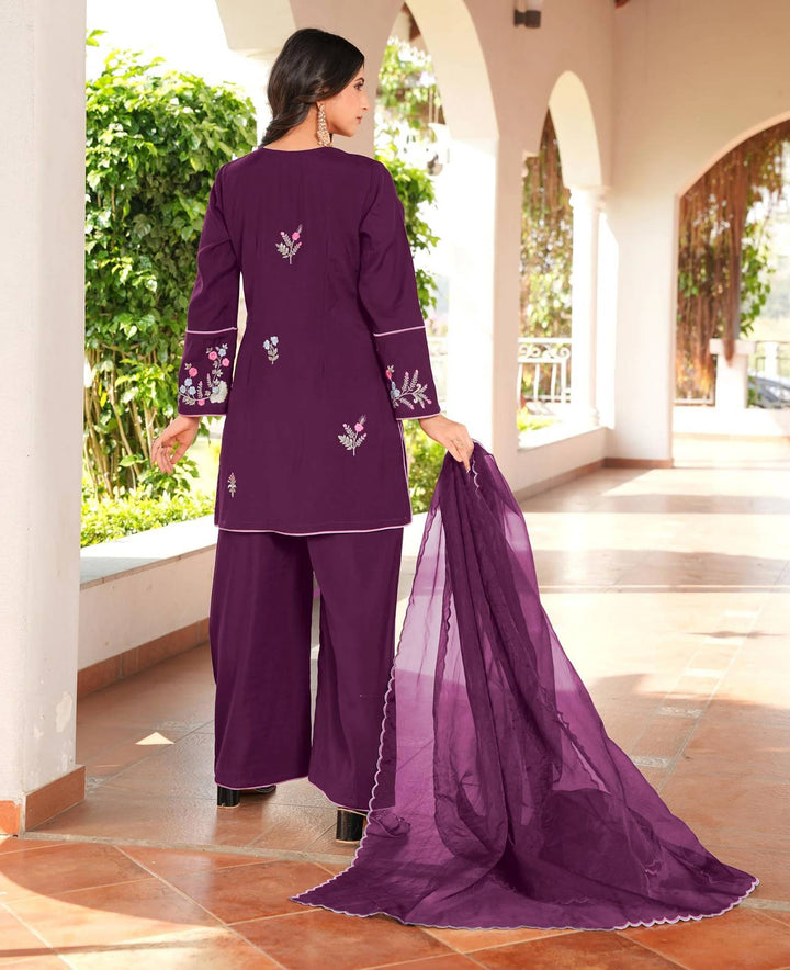 Dark Purple Embroidered Art Silk Straight Suit