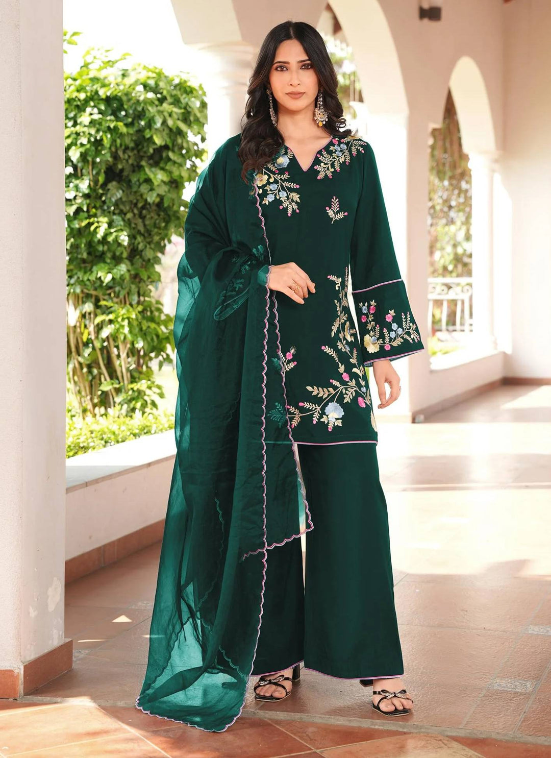 Dark Green Embroidered Art Silk Straight Suit