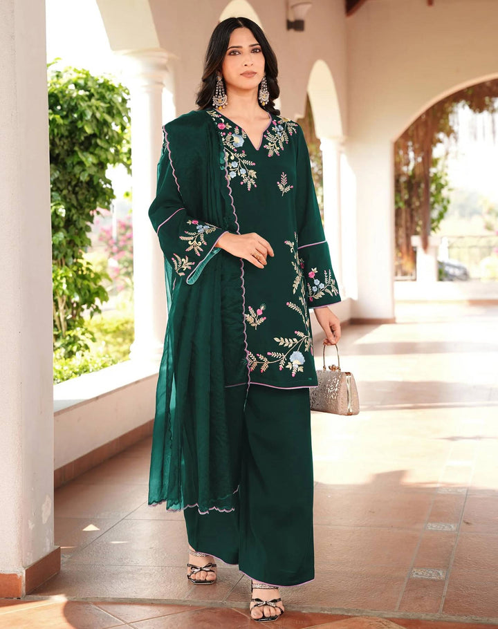 Dark Green Embroidered Art Silk Straight Suit