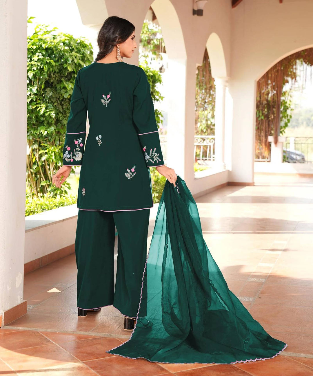 Dark Green Embroidered Art Silk Straight Suit