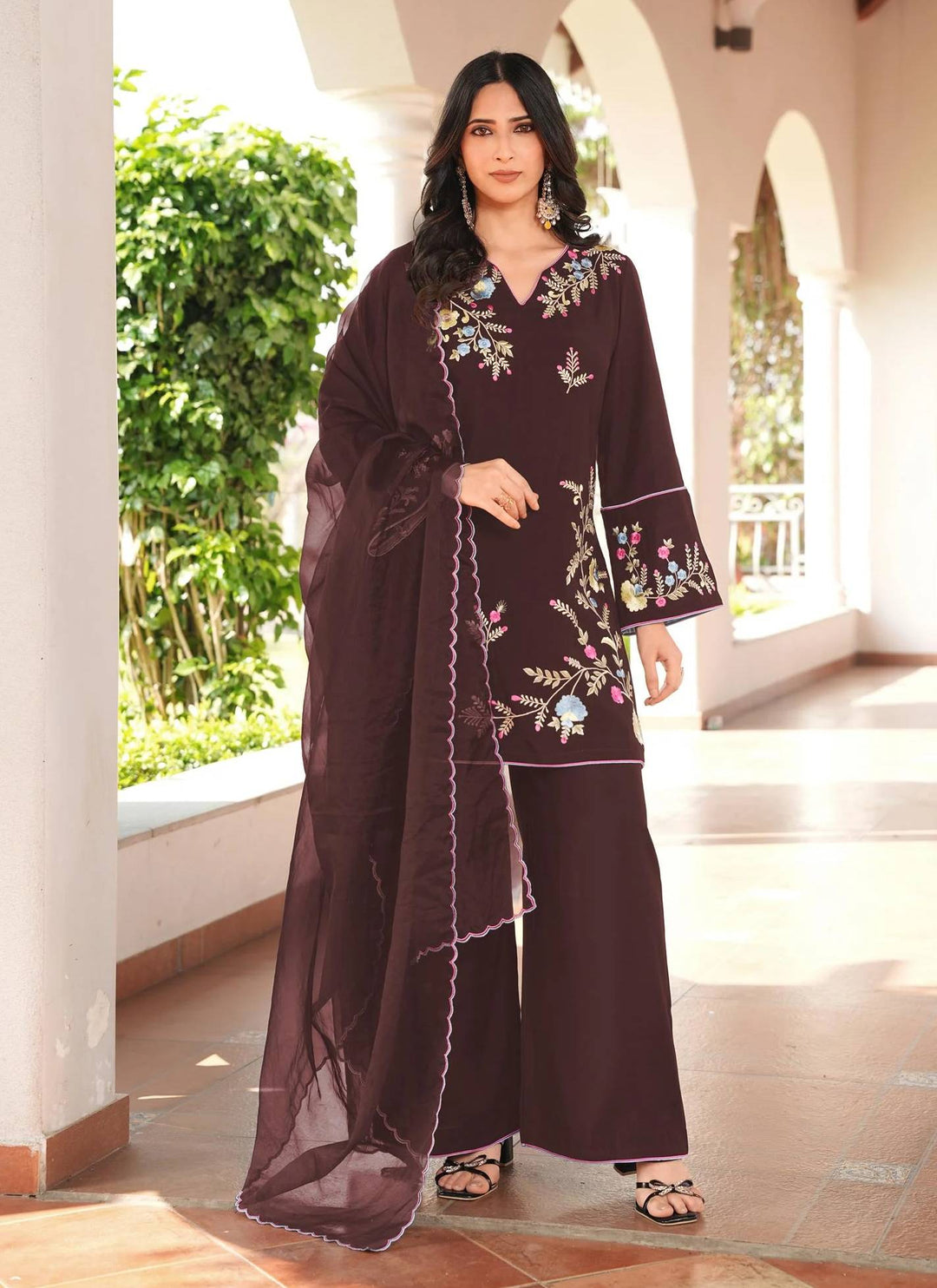 Brown Embroidered Art Silk  Straight Suit