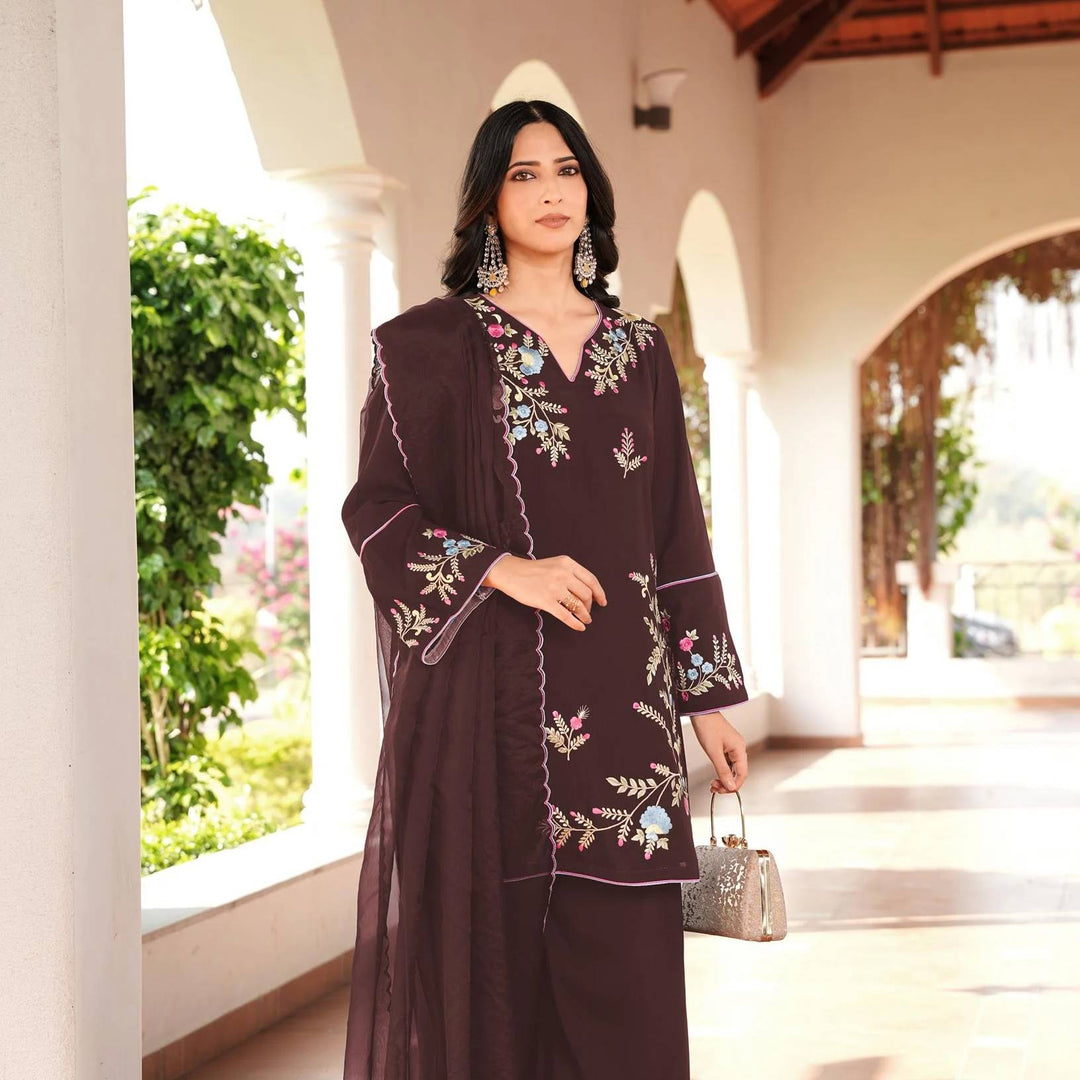 Brown Embroidered Art Silk  Straight Suit