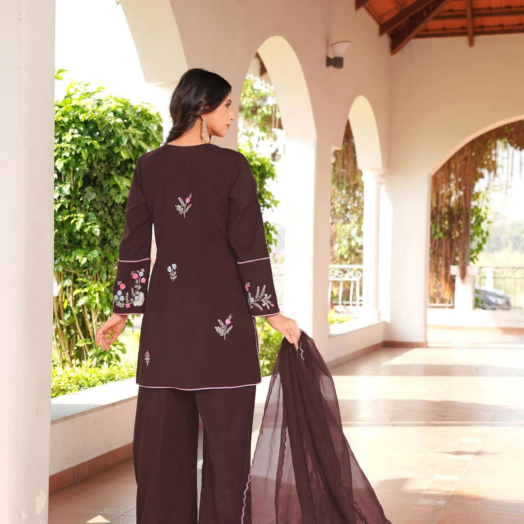Brown Embroidered Art Silk  Straight Suit