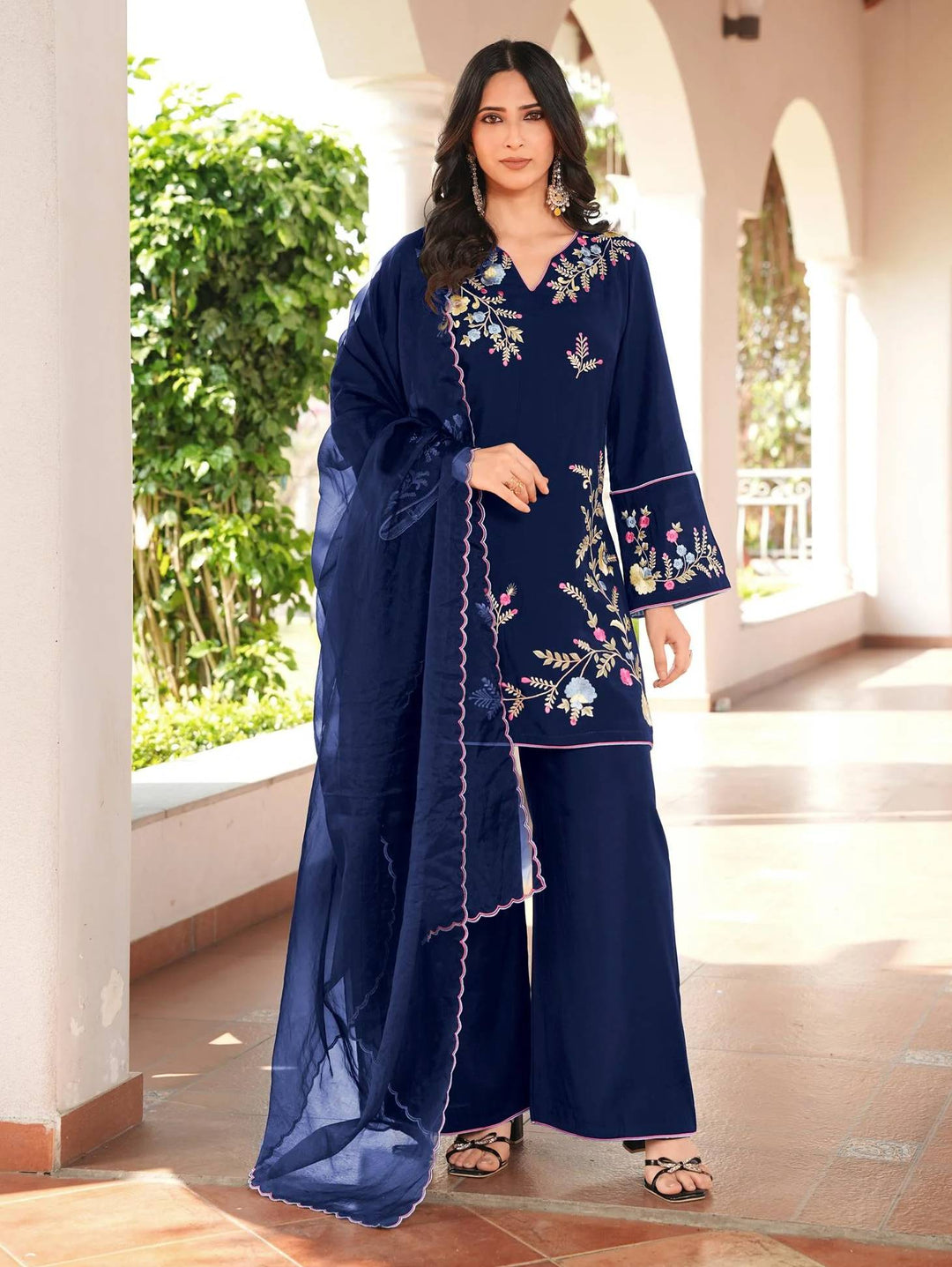 Navy Blue Embroidered Art Silk Straight Suit