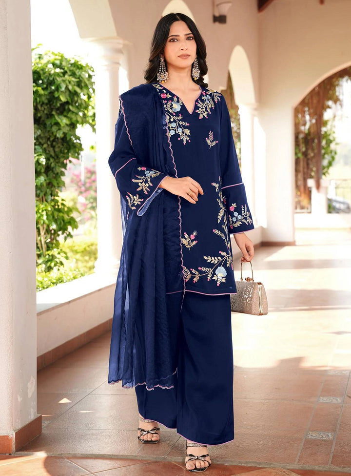 Navy Blue Embroidered Art Silk Straight Suit