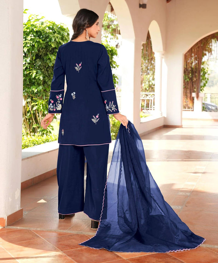 Navy Blue Embroidered Art Silk Straight Suit