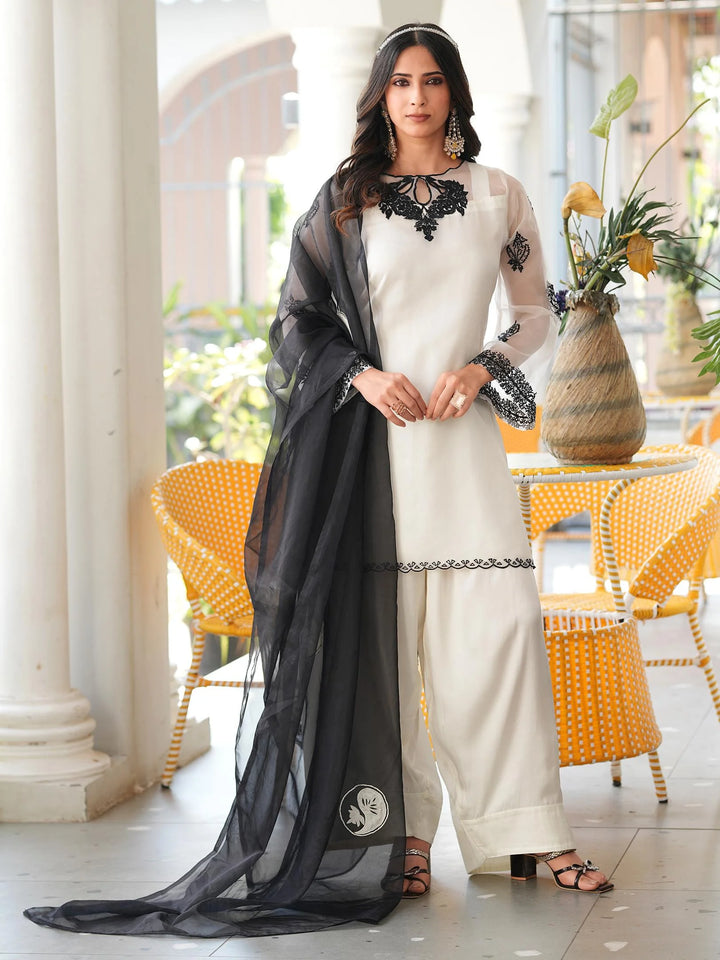 Cream Brown Embroidered Organza Straight Suit