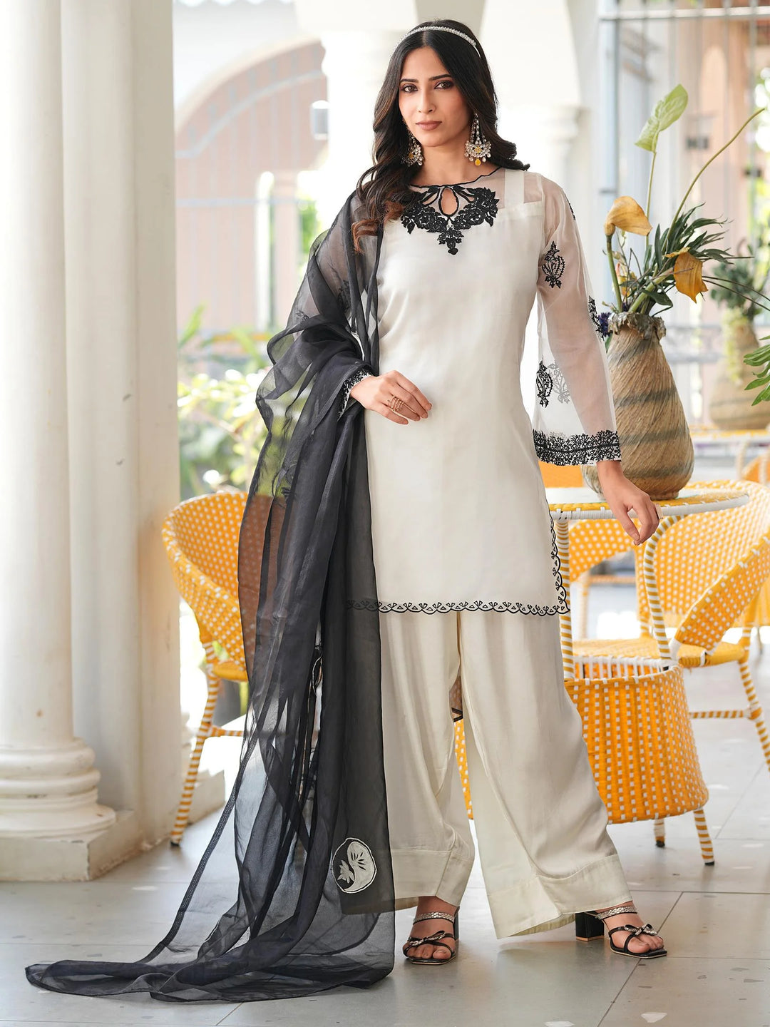 Cream Brown Embroidered Organza Straight Suit