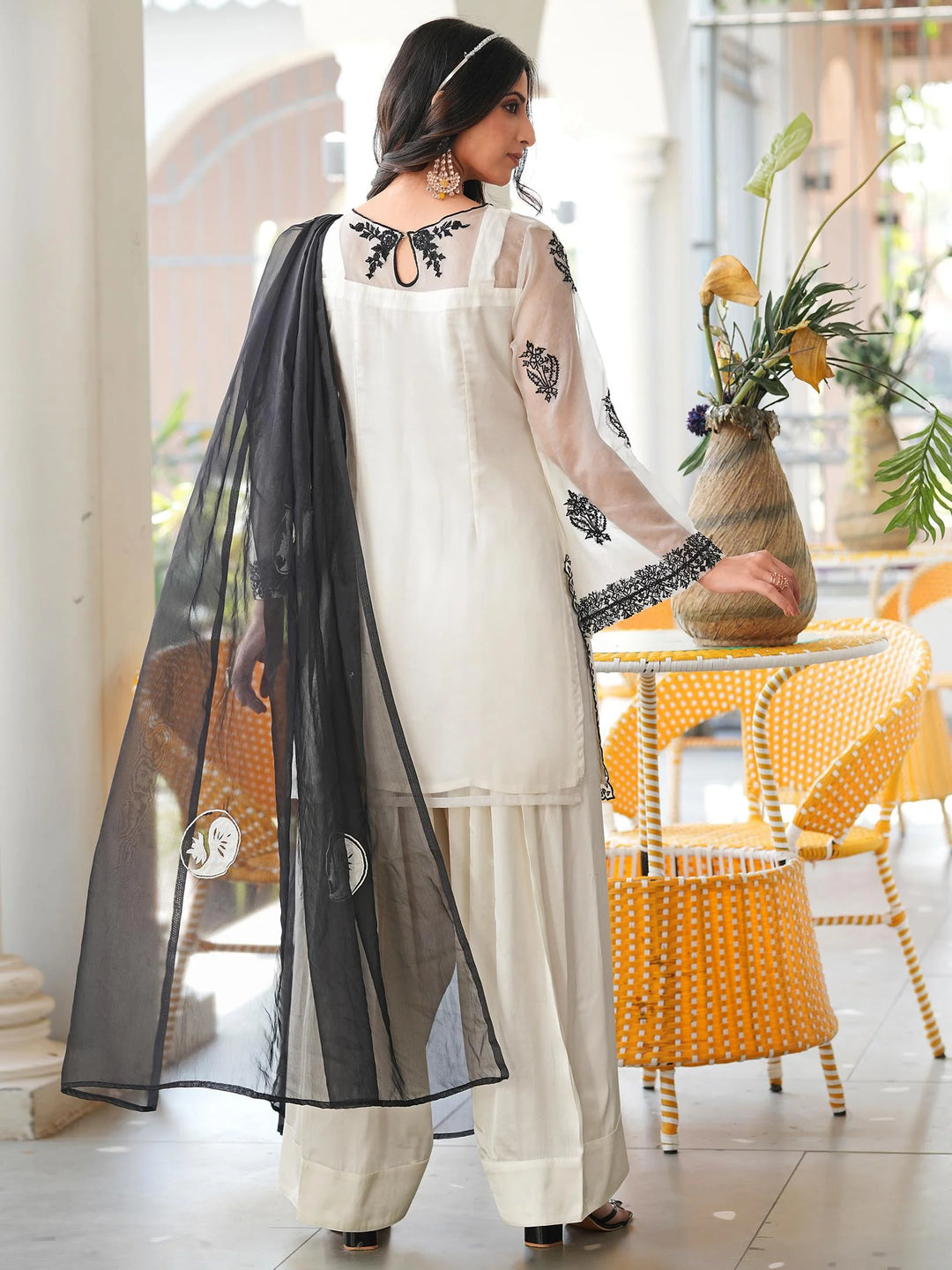 Cream Brown Embroidered Organza Straight Suit