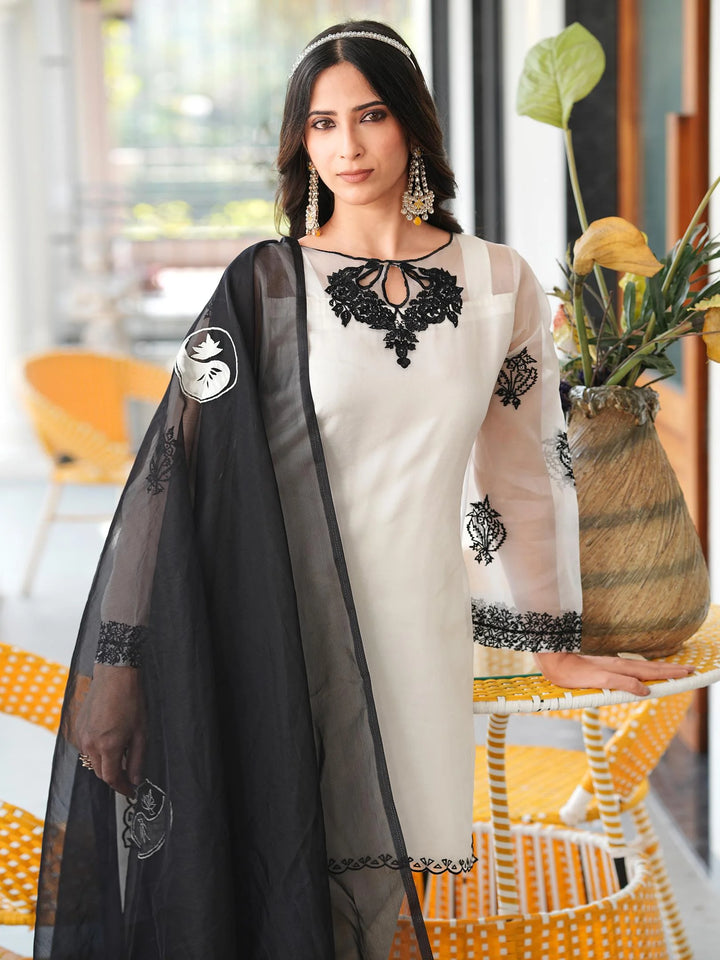 Cream Brown Embroidered Organza Straight Suit