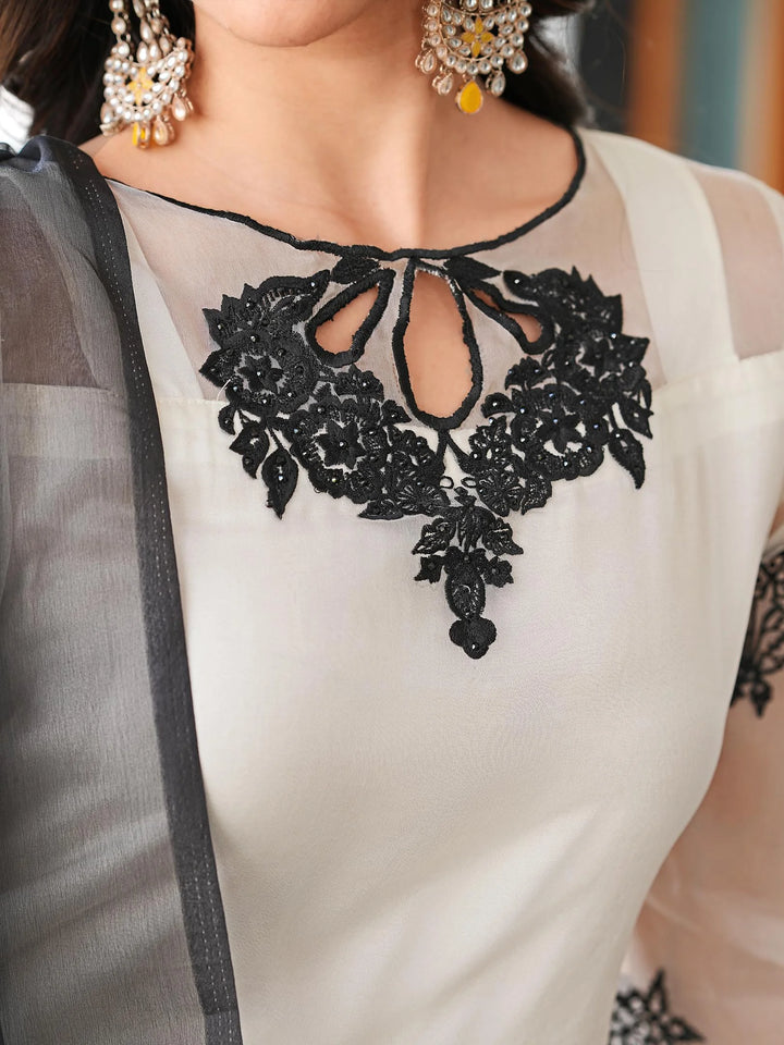 Cream Brown Embroidered Organza Straight Suit