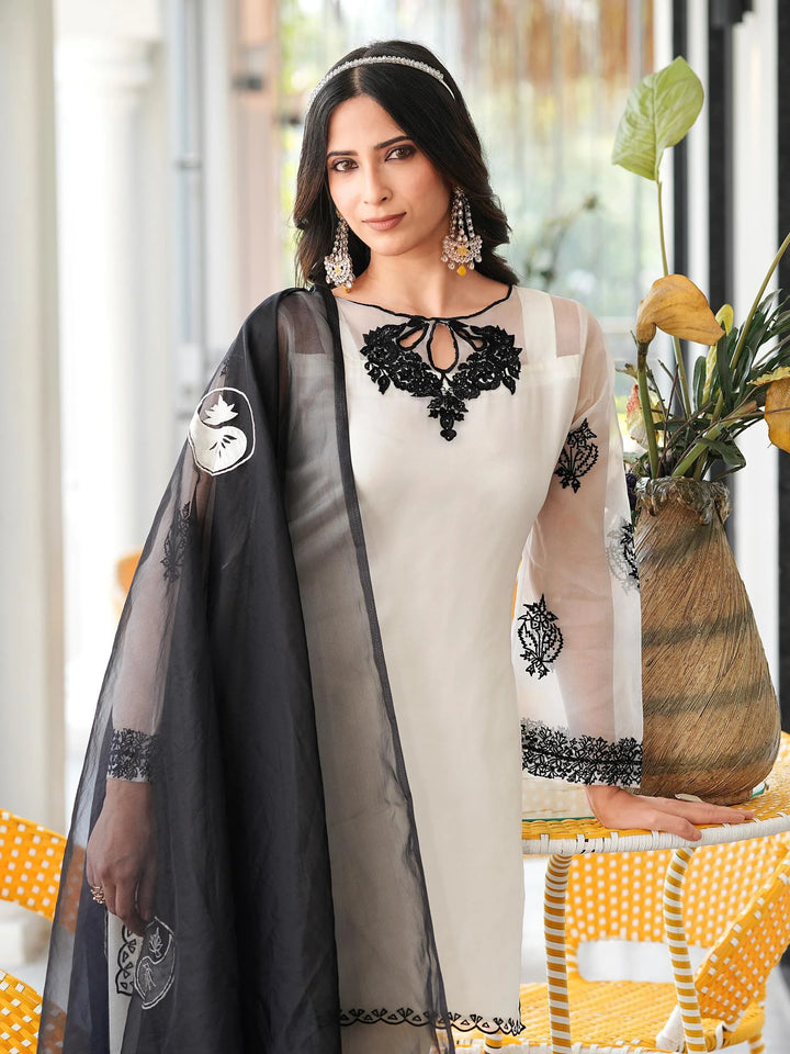 Cream Brown Embroidered Organza Straight Suit