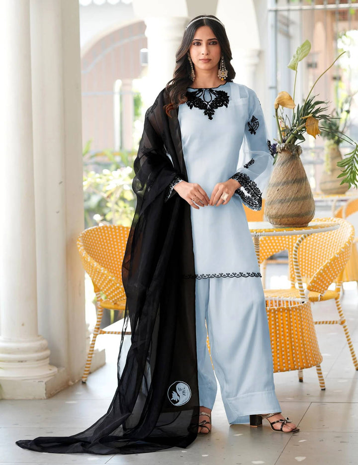 Light Blue Embroidered Organza Straight Suit