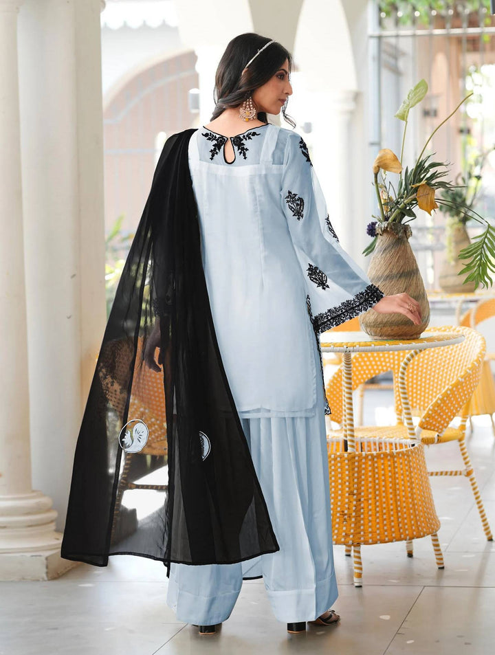 Light Blue Embroidered Organza Straight Suit