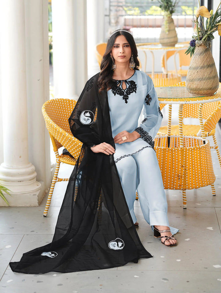 Light Blue Embroidered Organza Straight Suit