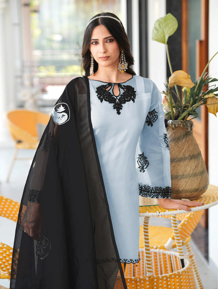 Light Blue Embroidered Organza Straight Suit