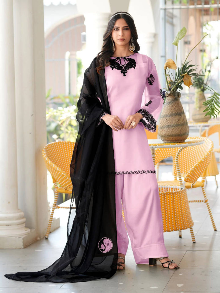Light Pink Embroidered Organza Straight Suit