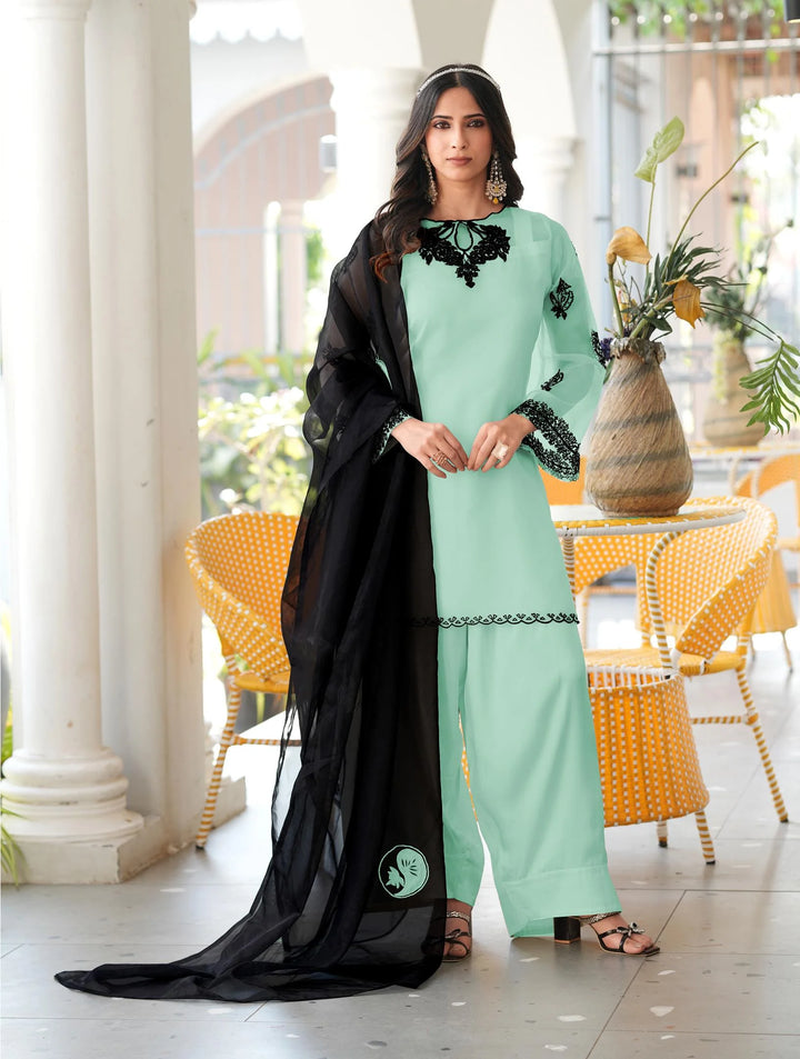 Light Blue Embroidered Organza Straight Suit