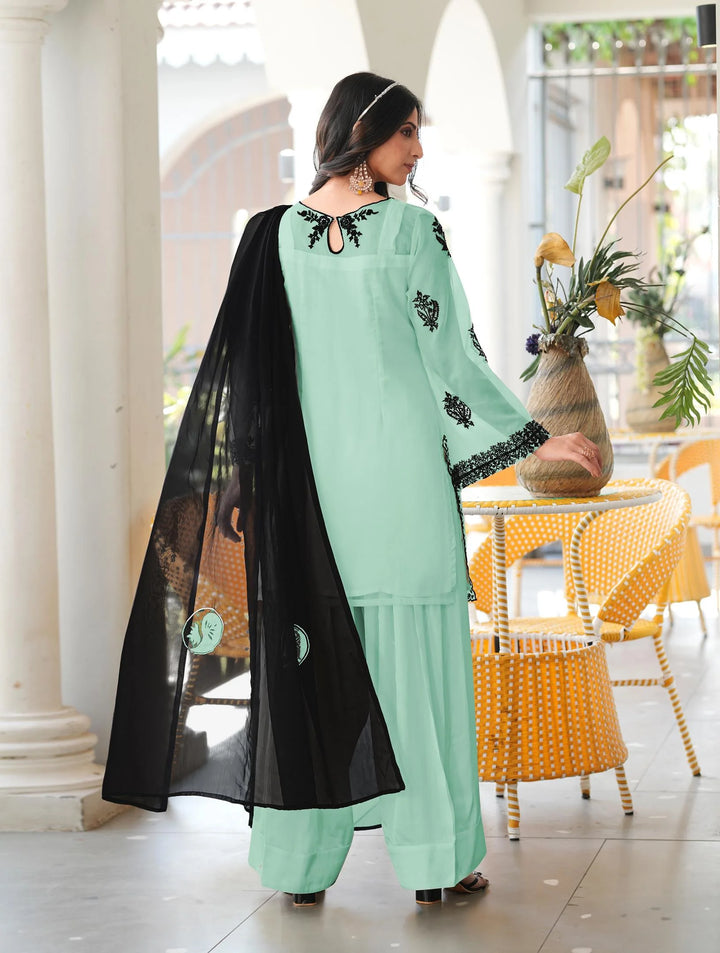 Light Blue Embroidered Organza Straight Suit