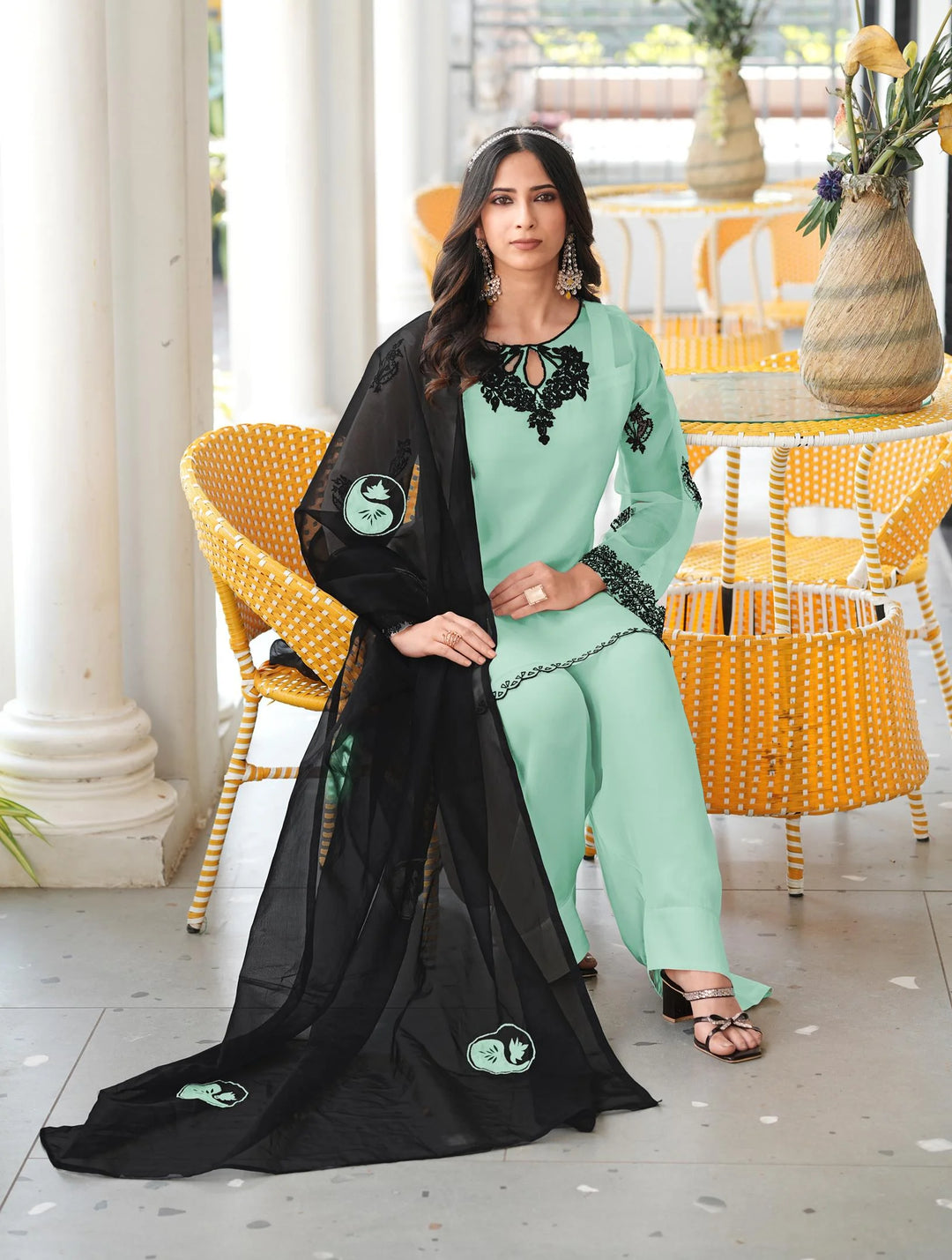 Light Blue Embroidered Organza Straight Suit