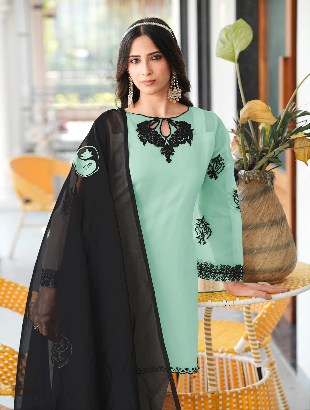 Light Blue Embroidered Organza Straight Suit