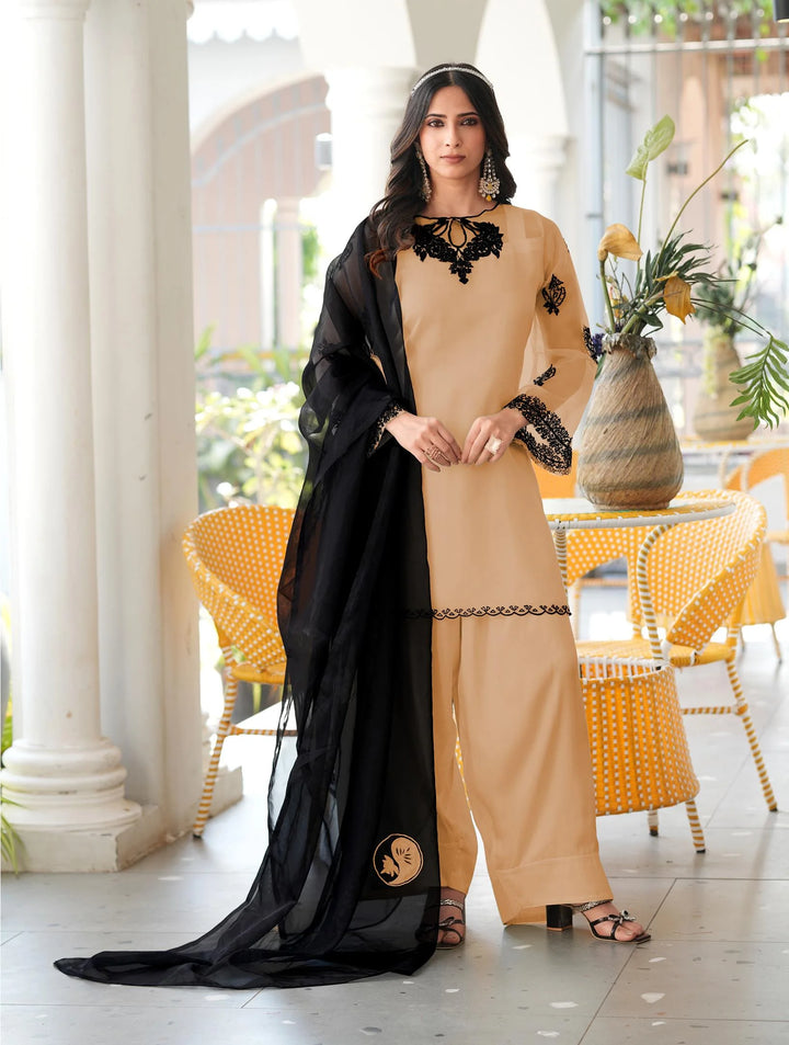 Light Brown Embroidered Organza Straight Suit