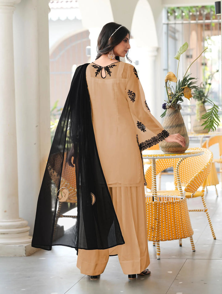 Light Brown Embroidered Organza Straight Suit