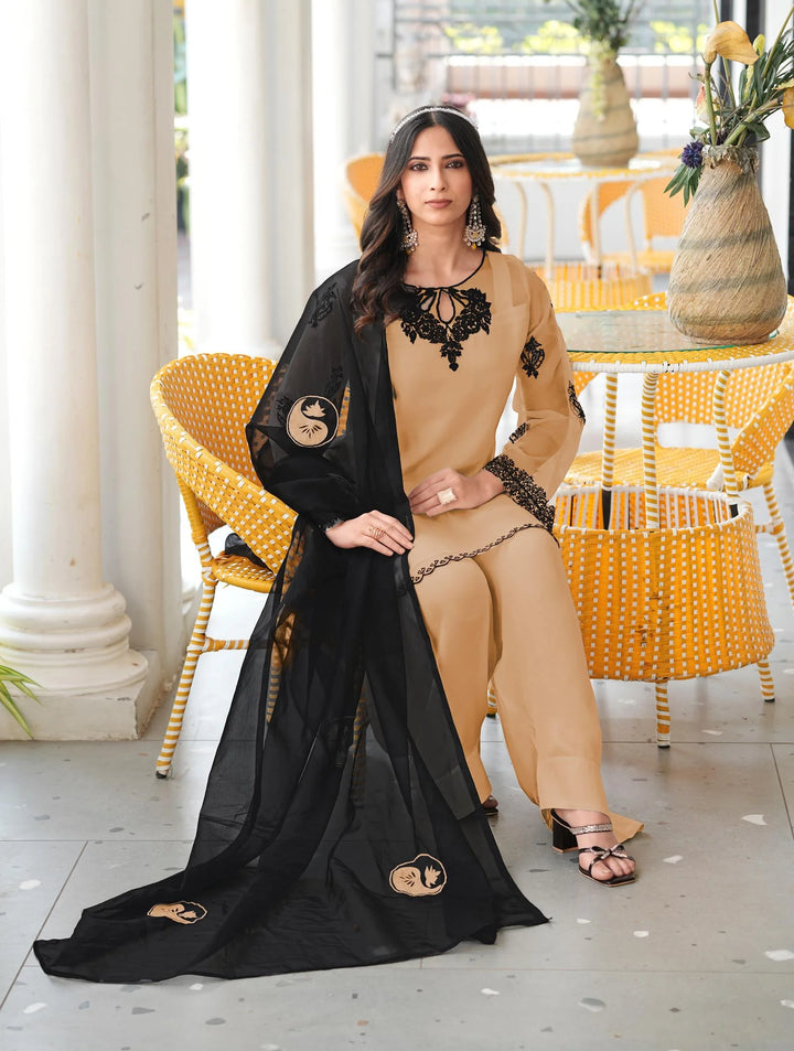 Light Brown Embroidered Organza Straight Suit