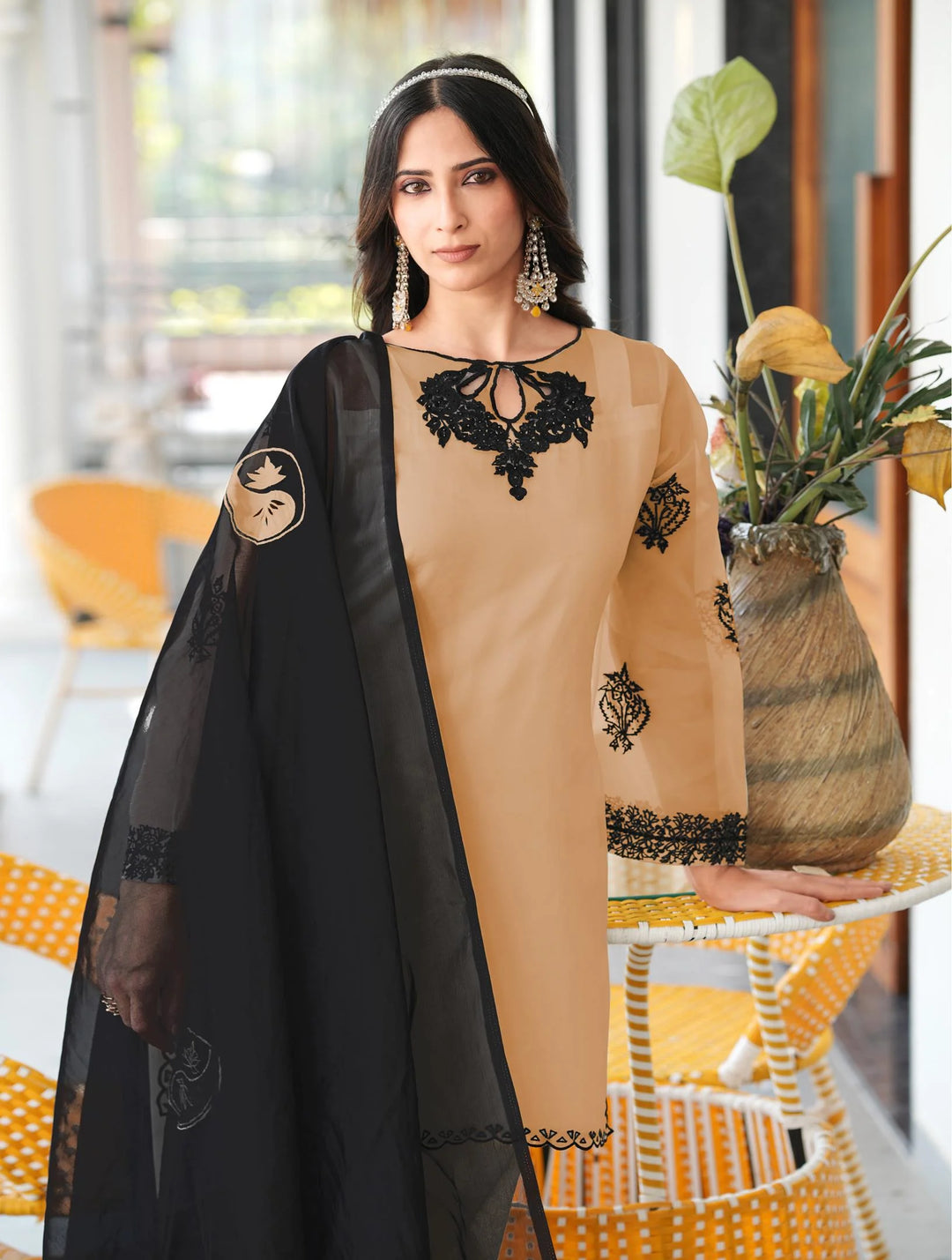 Light Brown Embroidered Organza Straight Suit