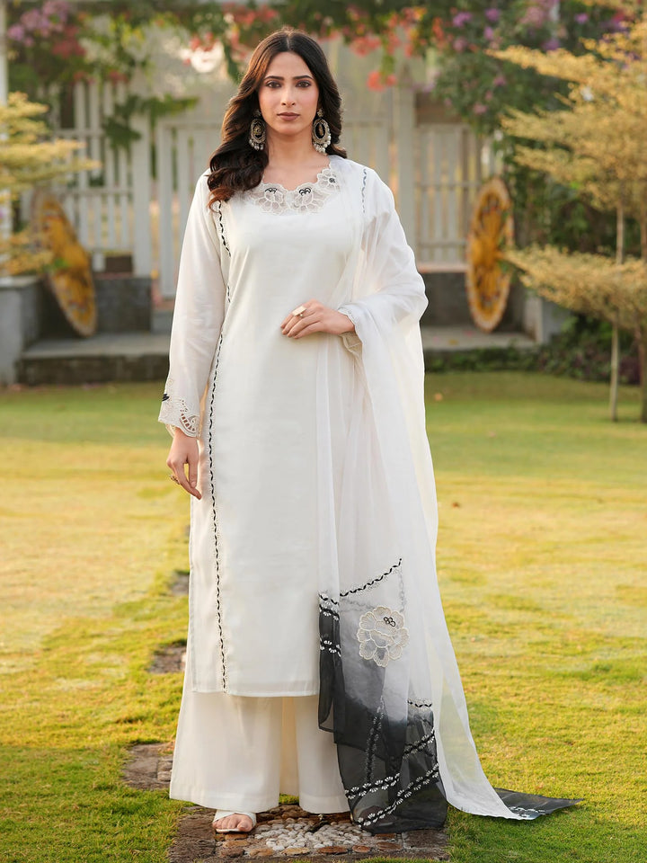 Cream Embroidered Art Silk Straight Suit