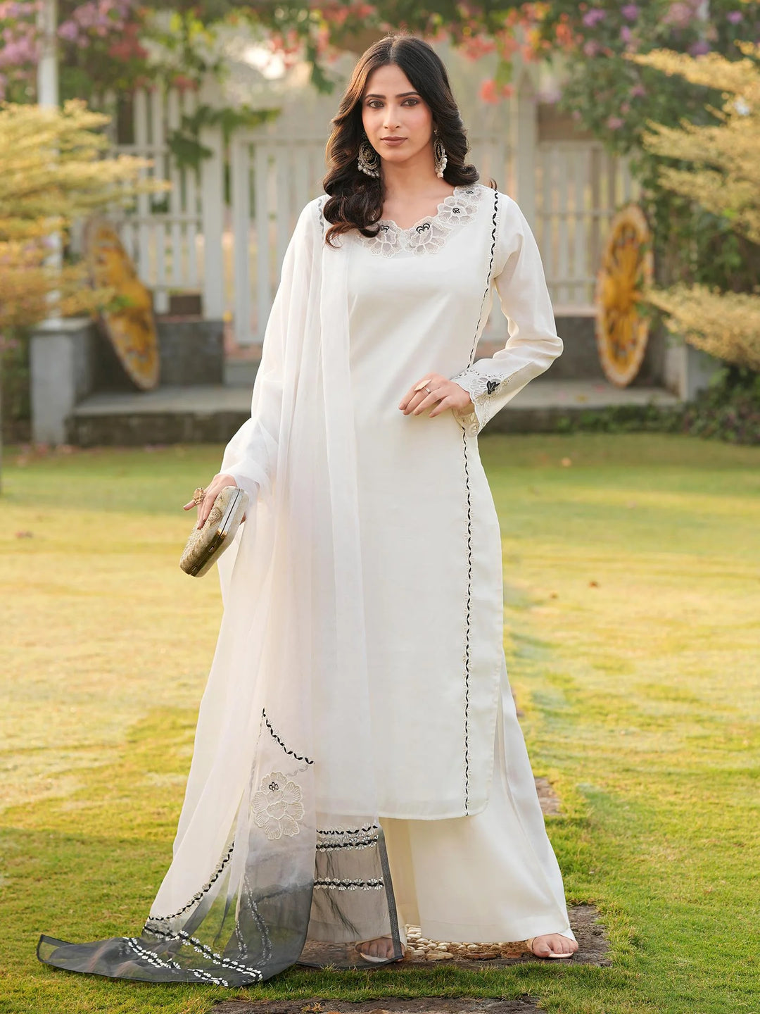 Cream Embroidered Art Silk Straight Suit