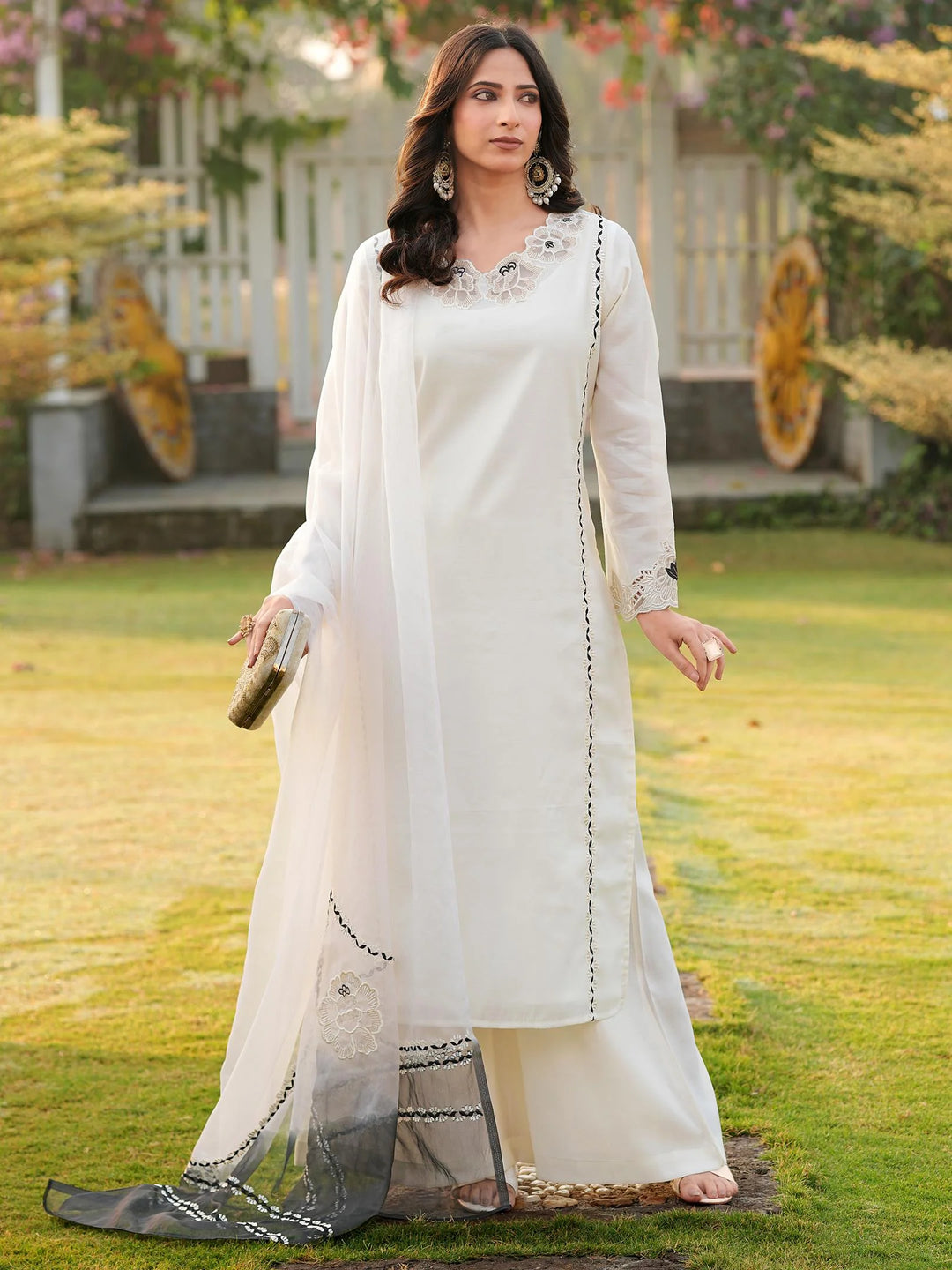 Cream Embroidered Art Silk Straight Suit